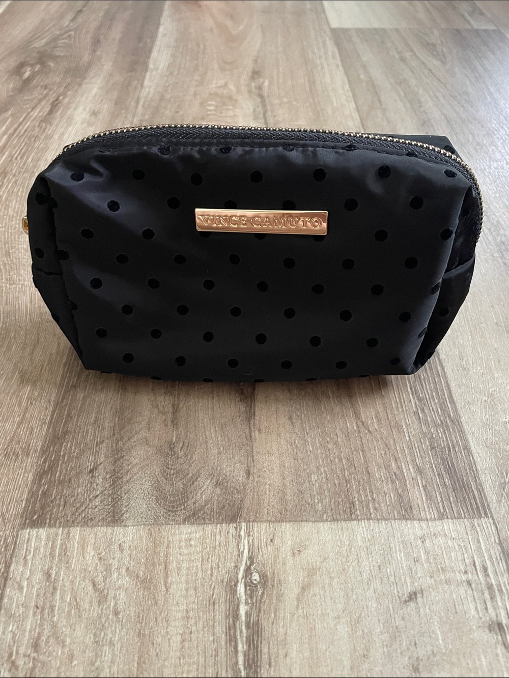 Vince Camuto Black Polka Dot Nylon Cosmetic Case with Gold Plaque